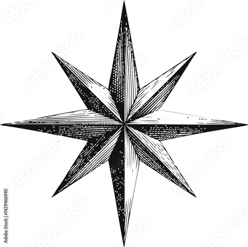 Black and white eight-pointed star with detailed shading. Vector illustration
