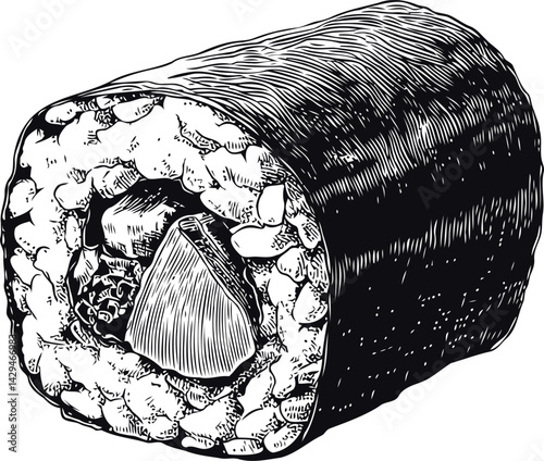 Stylized black and white sushi roll illustration with rice and fish details in sketch style. Vector illustration