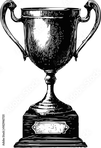 Hand-drawn vintage trophy illustration with intricate details, black and white sketch. Vector illustration