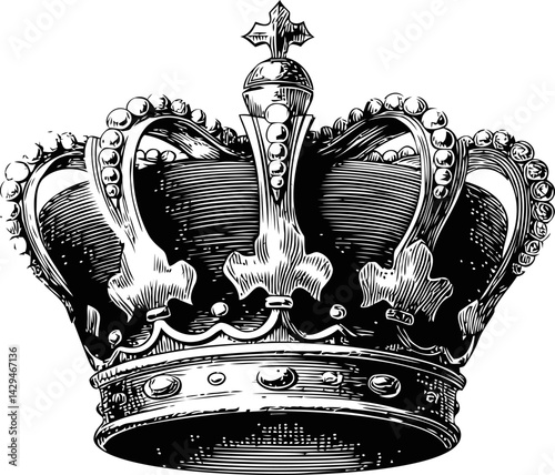 Intricate black and white illustration of a vintage royal crown in sketch style. Vector illustration