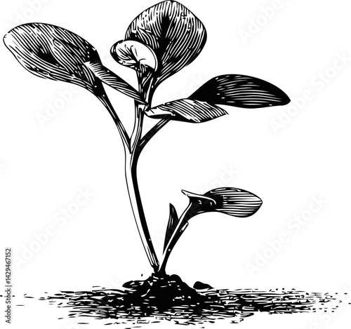 Black and white illustration of a young plant sprouting from the soil. Vector illustration