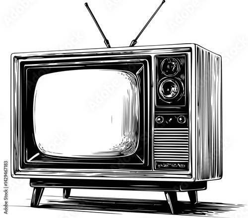 Vintage black and white illustration of an old television with antennas in sketch style. Vector illustration