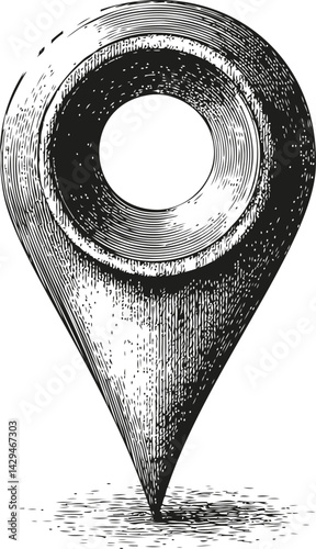 Engraved vintage location pin with detailed texture. Vector illustration