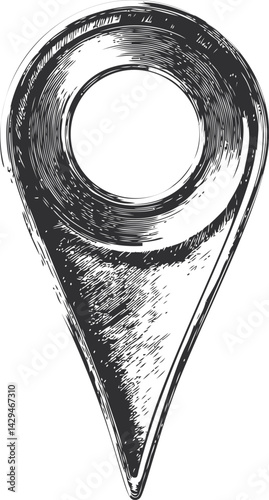 Black and white sketch of a location pin icon with detailed texture design. Vector illustration