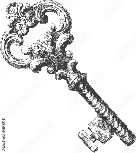 Ornate vintage skeleton key with intricate design in black and white illustration. Vector illustration