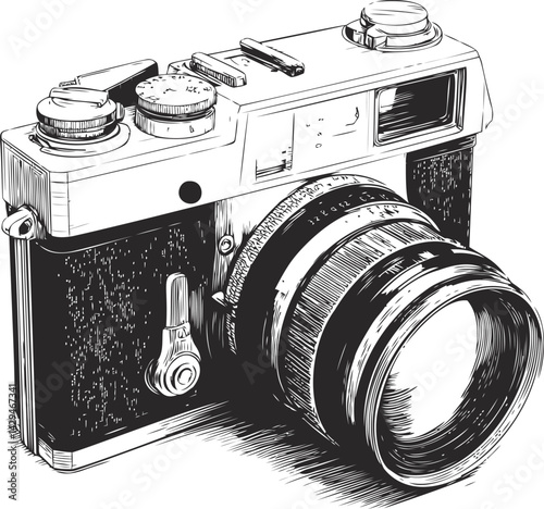 Black and white sketch of vintage camera with detailed knobs and lens. Vector illustration