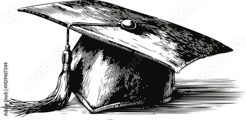Detailed black and white sketch of a graduation cap with tassel. Vector illustration