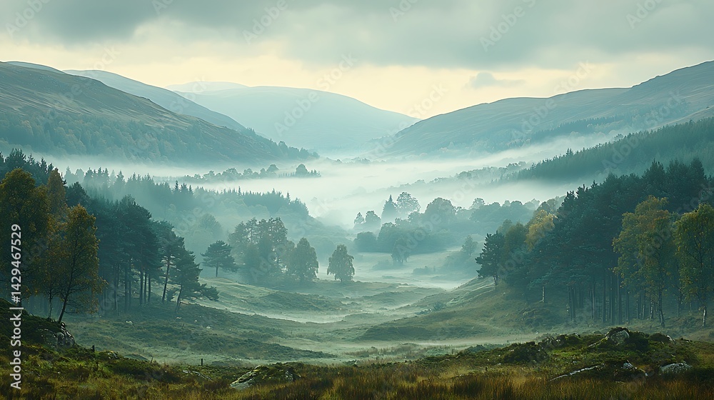 Fototapeta premium Misty valley with hills and forests