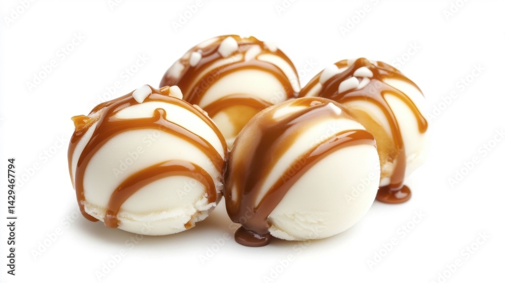 Caramel Swirl Ice Cream Balls Isolated on White Background. Generative AI