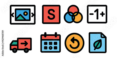 Flat vector icons of product detail layout: image carousel, size selector, color swatch, quantity picker, shipping info, delivery date, returns info, material description.