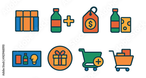 Flat vector icons of product bundling: multi-pack icon, buy together, bundle price tag, combo image, product pairing, “you may like” banner, bundle deal badge, add all to cart.