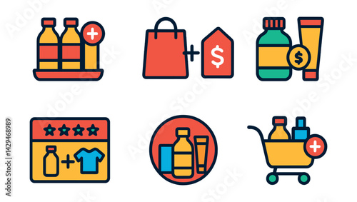 Flat vector icons of product bundling: multi-pack icon, buy together, bundle price tag, combo image, product pairing, “you may like” banner, bundle deal badge, add all to cart.