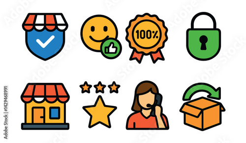 cons of store trust signals: verified store badge, customer satisfaction icon, 100% guarantee, secure site icon, years in business, positive reviews icon, responsive seller, return friendly.