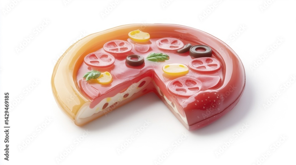 Realistic gummy pizza with sliced toppings and cheese creative dessert or candy concept. Generative AI