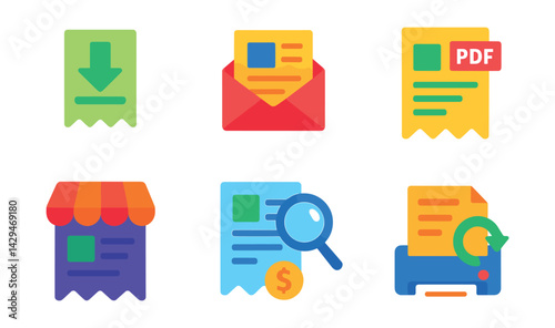 Flat vector icons of virtual receipts: download receipt, email receipt, invoice PDF, scan receipt, store receipt preview, payment details, receipt history, quick print.