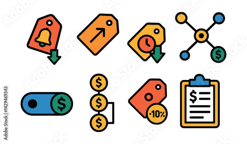 Flat vector icons of dynamic pricing: price drop alert, rising price tag, real-time discount, pricing algorithm icon, smart pricing toggle, bulk price, quantity discount, pricing rule.