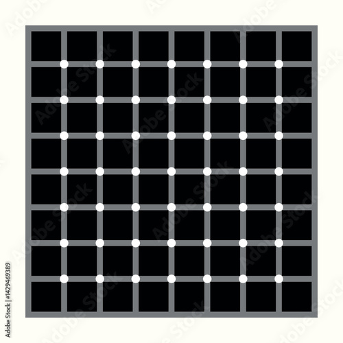 A fascinating illusion drawing with black and white contrasts. The dots in the middle create a striking optical effect by playing with perception.