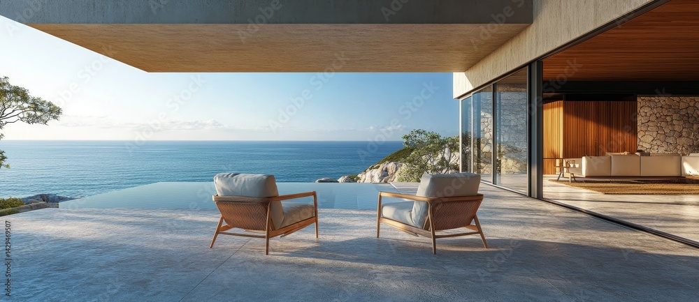 Obraz premium Modern beach house or luxury villa featuring a deck with a sea view, ideal for adding text or design elements