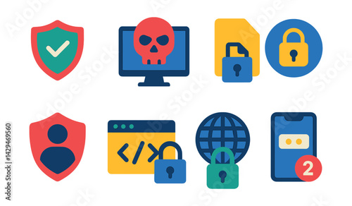 Flat vector icons of cybersecurity: antivirus, cyber threat, encrypted file, encryption, personal data safety, secure code, secure connection, two-factor authentication.
