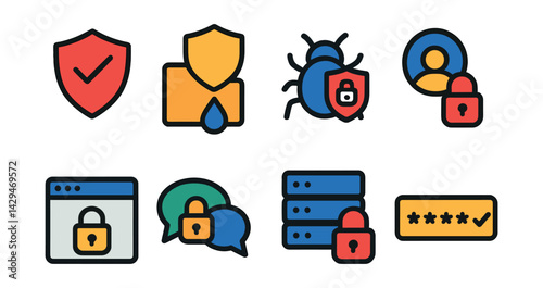 Flat vector icons of cybersecurity: antivirus, data leak prevention, malware protection, personal data safety, safe browser, secure chat, secure server, strong password.