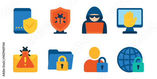Flat vector icons of cybersecurity: IoT device protection, antivirus, cyber espionage, cyber hygiene, cyberattack, data protection, secure access, secure connection.