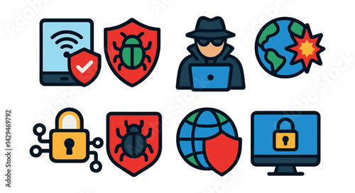 Flat vector icons of cybersecurity: IoT device protection, antivirus, cyber espionage, cyberattack, digital lock, malware protection, network protection, secure login.
