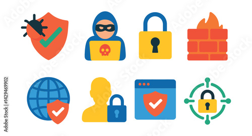 Flat vector icons of cybersecurity: antivirus, cybercrime, digital lock, firewall, network protection, privacy protection, safe browser, secure connection.
