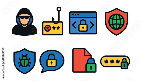 Flat vector icons of cybersecurity: hacker, phishing, secure code, VPN, antivirus, secure chat, encrypted file, strong password.