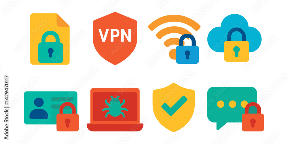 Obraz premium Flat vector icons of cybersecurity: encrypted file, VPN, secure Wi-Fi, cloud security, antivirus, secure access, malware protection, secure chat.