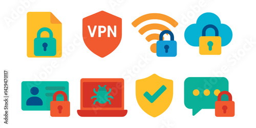 Flat vector icons of cybersecurity: encrypted file, VPN, secure Wi-Fi, cloud security, antivirus, secure access, malware protection, secure chat.