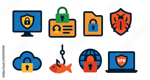 Flat vector icons of cybersecurity: digital safety, secure access, personal data safety, encrypted file, malware protection, cloud security, phishing, VPN.