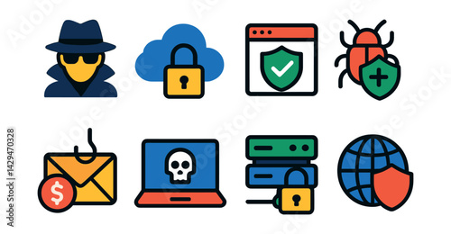 Flat vector icons of cybersecurity: cyber espionage, cloud security, safe browser, virus protection, cyber fraud, cybercrime, secure server, network protection.