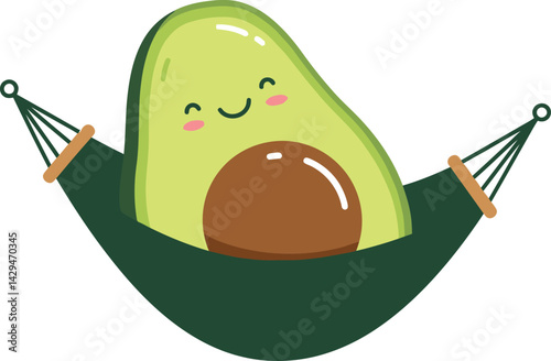 Cute avocado character resting in hammock with smiling face vector illustration 