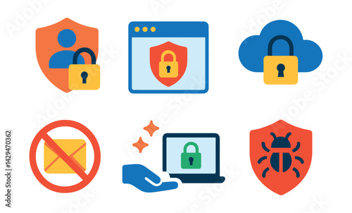 Flat vector icons of cybersecurity: personal data safety, secure browser, cloud security, encrypted file, anti-spam, cyber hygiene, secure connection, malware protection.