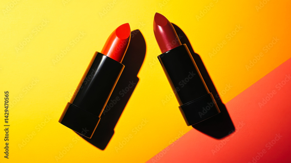 Bold lip colors showcase vibrant hues against a bright gradient background
