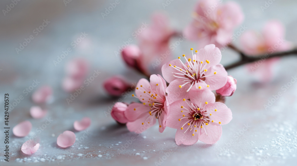 Cherry blossom branch with delicate pink flowers and water droplets on a soft gray background