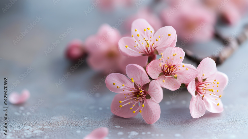 Cherry blossom branch with delicate pink flowers and water droplets on a soft gray background