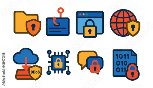 Flat vector icons of cybersecurity: data protection, phishing, secure browser, network protection, DDoS protection, digital lock, secure chat, encryption.
