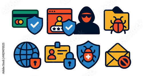 Flat vector icons of cybersecurity: secure payment, secure login, hacker, malware protection, VPN, personal data safety, virus protection, anti-spam.
