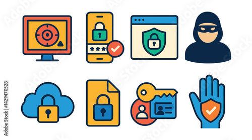 Flat vector icons of cybersecurity: threat monitoring, two-factor authentication, safe browser, hacker, cloud security, encrypted file, secure access, cyber hygiene.