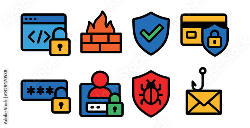 Flat vector icons of cybersecurity: secure code, firewall, antivirus, secure payment, strong password, secure login, malware protection, phishing.