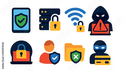 Flat vector icons of cybersecurity: digital safety, secure server, secure Wi-Fi, cyberattack, VPN, personal data safety, data theft prevention, cyber fraud.
