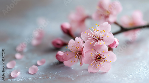 Obraz na płótnie Cherry blossom branch with delicate pink flowers and water droplets on a soft gray background w salonie