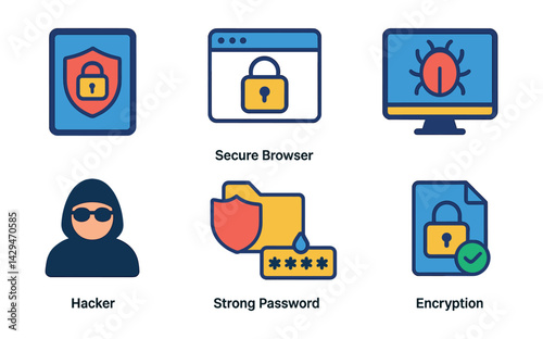 Flat vector icons of cybersecurity: IoT device protection, secure browser, threat monitoring, firewall, hacker, data leak prevention, strong password, encryption.