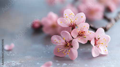 Obraz na płótnie Cherry blossom branch with delicate pink flowers and water droplets on a soft gray background w salonie