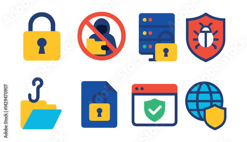 Flat vector icons of cybersecurity: digital lock, data theft prevention, secure server, antivirus, phishing, encrypted file, secure browser, VPN.