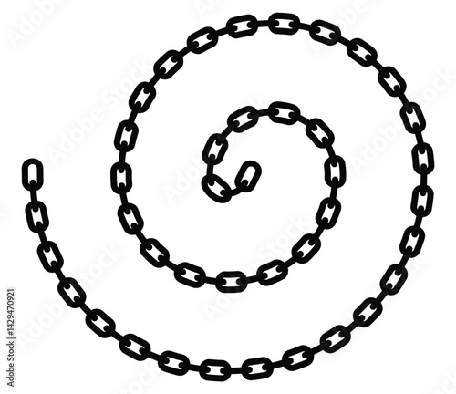 Black and white spiral chain graphic, minimalist flat lay. Symmetrical geometric links radiating from center. Abstract, high-contrast vector on white. Design themes, logos, backgrounds.