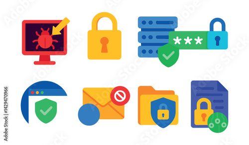 Flat vector icons of cybersecurity: cyberattack, digital lock, secure server, strong password, secure browser, anti-spam, data protection, encrypted file.
