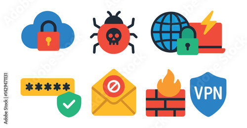 Flat vector icons of cybersecurity: cloud security, malware protection, secure connection, cyberattack, strong password, anti-spam, firewall, VPN.