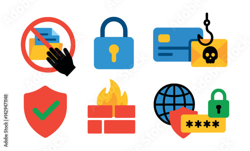 Flat vector icons of cybersecurity: data theft prevention, digital lock, secure payment, cyber fraud, antivirus, firewall, VPN, strong password.